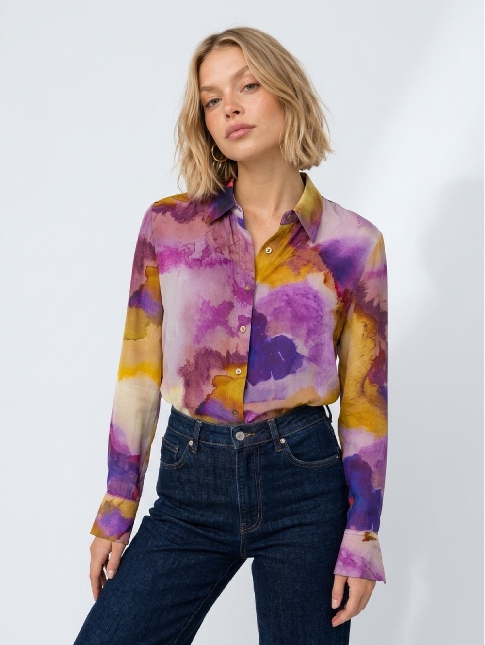 Robert Graham Watercolor Silk Blend Button Down Blouse Purple Size M